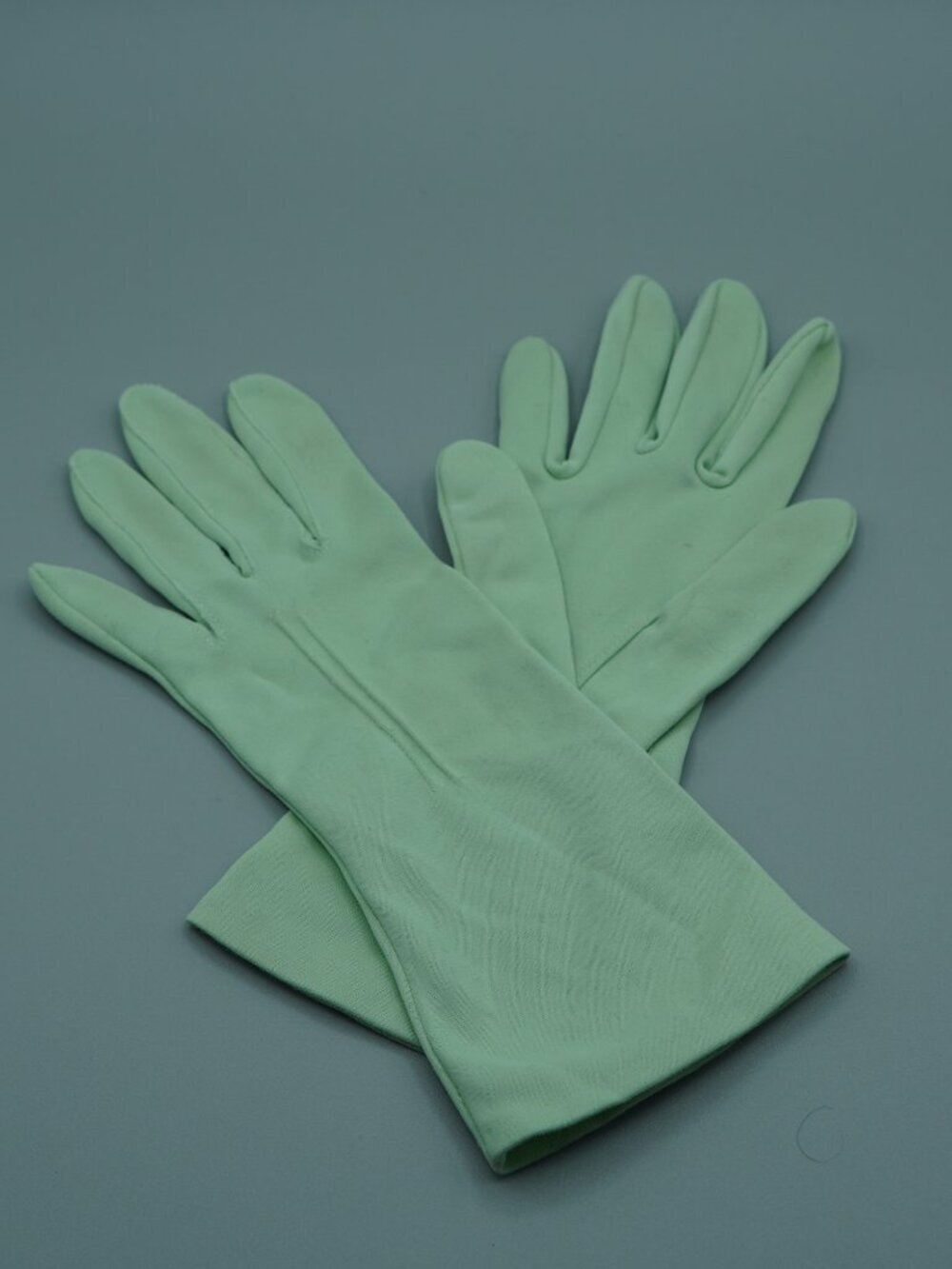 Vintage Mint Green Gloves Nylasuede Wrist Length 50s Pastel Balletcore Sz 7
